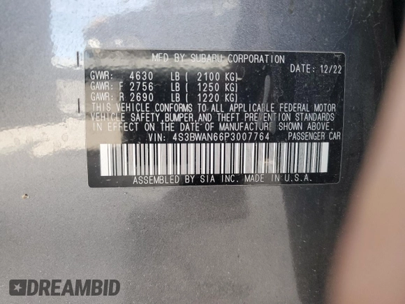 2023 Subaru Legacy Limited z VIN 4S3BWAN66P3007764, wystawiony jako Copart lot #46798235 z przebiegiem 36 073 mil mil oraz Szkoda całkowita • Salvage title. Historia ofert i sprzedaży dostępna na DreamBid. Obrazek 12.