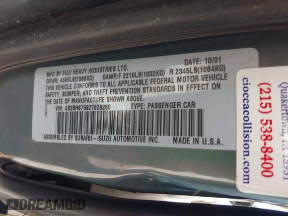2002 Subaru Legacy Outback with VIN 4S3BH675927626260, listed as a IAAI auction lot 42003912 with 191,367 mi miles and . Bid and sale history available at DreamBid. Image 9.