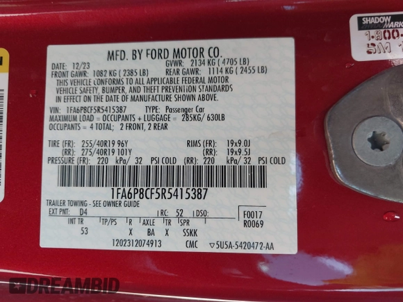 2024 Ford Mustang GT with VIN 1FA6P8CF5R5415387, listed as a IAAI auction lot 41547276 with 13,961 mi miles. Bid and sale history available at carsss.com. Image 9.