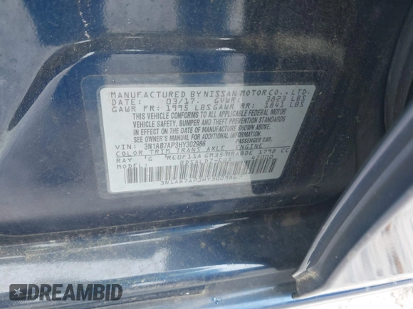 2017 Nissan Sentra SV with VIN 3N1AB7AP3HY302986, listed as a IAAI auction lot 42146791 with 113,211 mi miles and . Bid and sale history available at DreamBid. Image 9.