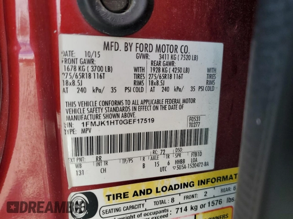 2016 Ford Expedition Max XLT z VIN 1FMJK1HT0GEF17519, wystawiony jako Copart lot #51844515 z przebiegiem 211 494 mil mil oraz Szkoda całkowita • Salvage title. Historia ofert i sprzedaży dostępna na DreamBid. Obrazek 16.
