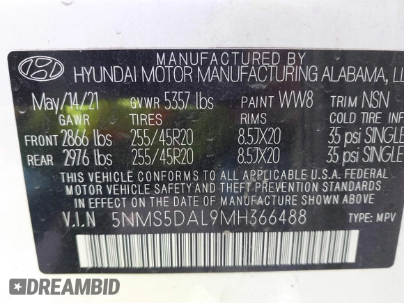 2021 Hyundai Santa Fe Calligraphy with VIN 5NMS5DAL9MH366488, listed as a IAAI auction lot 42084620 with Not provided miles and . Bid and sale history available at DreamBid. Image 9.