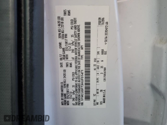 2017 Ford Escape S with VIN 1FMCU0F73HUF01471, listed as a Copart auction lot 56938935 with 98,512 mi miles and Salvage title. Bid and sale history available at DreamBid. Image 13.