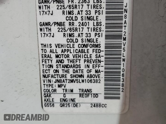 2020 Nissan Rogue SV z VIN JN8AT2MV5LW106382, wystawiony jako Copart lot #53783345 z przebiegiem 97 455 mil mil oraz Szkoda całkowita • Salvage title. Historia ofert i sprzedaży dostępna na DreamBid. Obrazek 13.