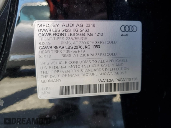 2016 Audi Q5 Premium Plus with VIN WA1L2AFP4GA119136, listed as a Copart auction lot 61946975 with 53,221 mi miles and Salvage title. Bid and sale history available at DreamBid. Image 13.