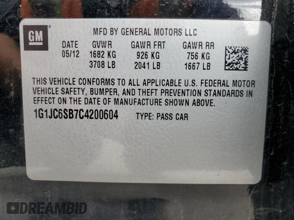 2012 Chevrolet Sonic LT with VIN 1G1JC6SB7C4200604, listed as a Copart auction lot 52843945 with 101,039 mi miles and Salvage Title. Bid and sale history available at carsss.com. Image 14.