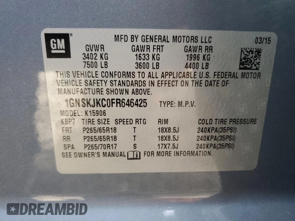 2015 Chevrolet Suburban LT with VIN 1GNSKJKC0FR646425, listed as a Copart auction lot 44880954 with 116,995 mi miles and . Bid and sale history available at DreamBid. Image 13.