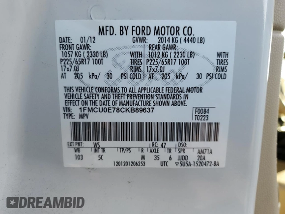 2012 Ford Escape Limited z VIN 1FMCU0E78CKB89637, wystawiony jako Copart lot #51312925 z przebiegiem 177 195 mil mil oraz Czysty tytuł • Clean title. Historia ofert i sprzedaży dostępna na DreamBid. Obrazek 13.