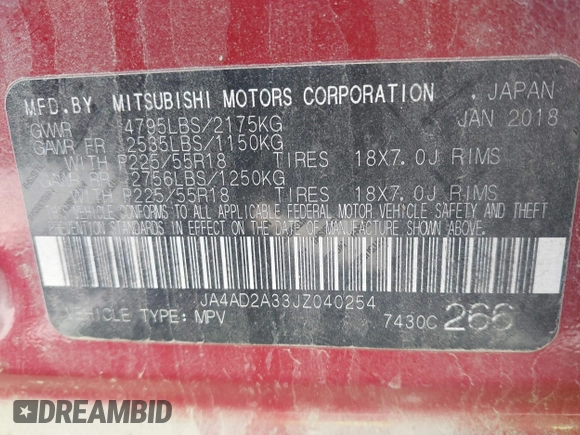 2018 Mitsubishi Outlander ES with VIN JA4AD2A33JZ040254, listed as a IAAI auction lot 42044855 with 141,230 mi miles and . Bid and sale history available at DreamBid. Image 9.