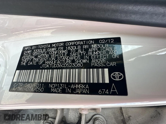 2012 Toyota Yaris L with VIN JTDKTUD36CD523080, listed as a Copart auction lot 86867464 with 134,041 mi miles and Clean Title. Bid and sale history available at carsss.com. Image 10.
