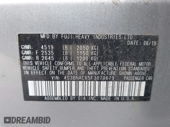 2015 Subaru Legacy Premium с VIN 4S3BNAC65F3070679, выставлен на аукционе IAAI как лот 42367904 с пробегом 235 739 миль миль и . История ставок и продаж доступна на DreamBid. Изображение 9.