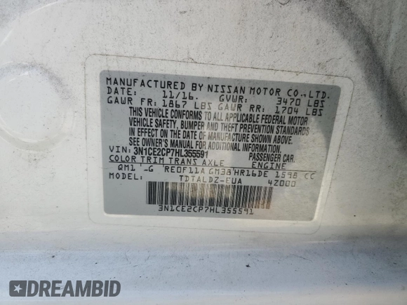 2017 Nissan Note S Plus with VIN 3N1CE2CP7HL355591, listed as a Copart auction lot 47341405 with 56,152 mi miles and Salvage title. Bid and sale history available at DreamBid. Image 13.