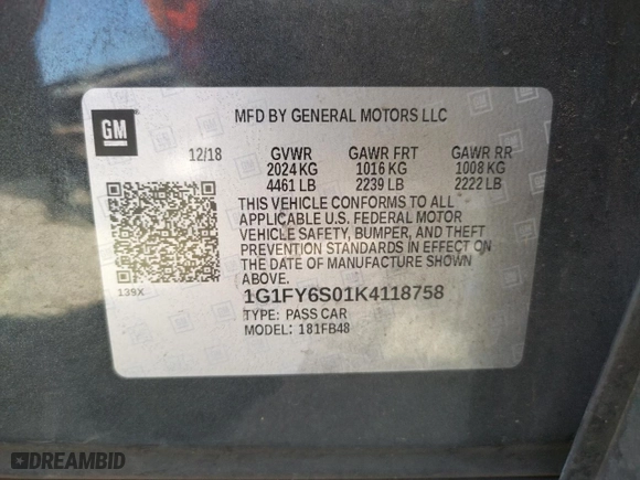 2019 Chevrolet Bolt EV LT with VIN 1G1FY6S01K4118758, listed as a Copart auction lot 59396842 with 61,773 mi miles. Bid and sale history available at carsss.com. Image 10.