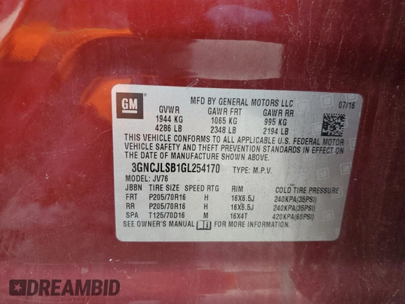 2016 Chevrolet Trax LT with VIN 3GNCJLSB1GL254170, listed as a Copart auction lot 53695965 with 126,393 mi miles and Clean Title. Bid and sale history available at carsss.com. Image 12.