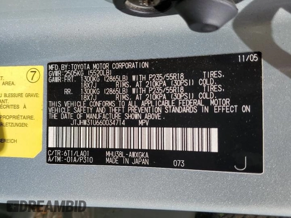 2006 Lexus RX 400h with VIN JTJHW31U660034714, listed as a Copart auction lot 48347105 with 109,176 mi miles and Salvage Title. Bid and sale history available at DreamBid. Image 14.