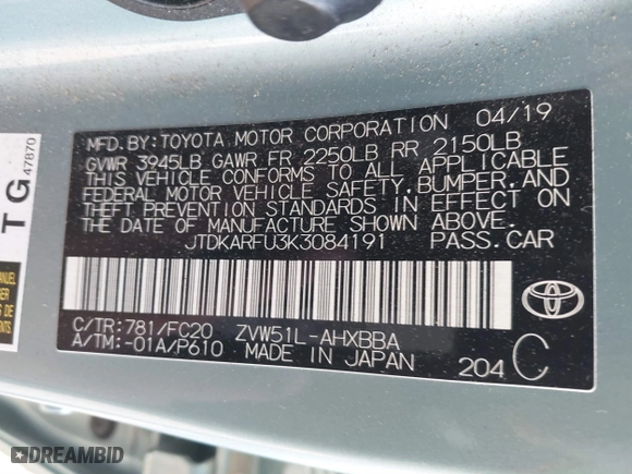 2019 Toyota Prius L Eco with VIN JTDKARFU3K3084191, listed as a IAAI auction lot 41732381 with 179,430 mi miles. Bid and sale history available at carsss.com. Image 9.