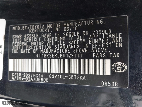 2011 Toyota Camry LE with VIN 4T1BK3EK0BU123111, listed as a IAAI auction lot 41533429 with 196,990 mi miles. Bid and sale history available at carsss.com. Image 9.