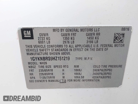 2017 Cadillac XT5 Luxury FWD with VIN 1GYKNBRS9HZ151219, listed as a IAAI auction lot 42200935 with 86,069 mi miles and . Bid and sale history available at DreamBid. Image 9.