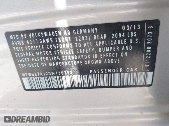 2013 Volkswagen Golf w/Conv with VIN WVWDB7AJ0DW130293, listed as a IAAI auction lot 42474230 with 188,475 mi miles and . Bid and sale history available at DreamBid. Image 9.