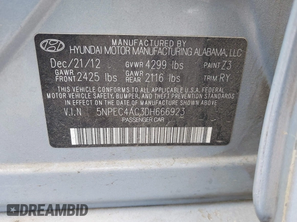 2013 Hyundai Sonata Limited with VIN 5NPEC4AC3DH666923, listed as a IAAI auction lot 41799016 with 210,388 mi miles and . Bid and sale history available at carsss.com. Image 9.