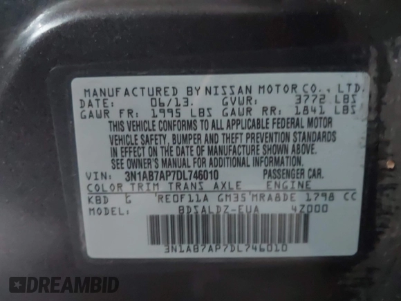 2013 Nissan Sentra SV with VIN 3N1AB7AP7DL746010, listed as a IAAI auction lot 42009966 with 179,760 mi miles. Bid and sale history available at carsss.com. Image 9.