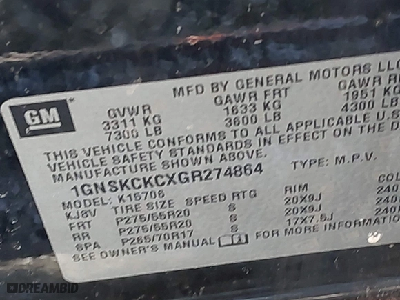 2016 Chevrolet Tahoe LTZ with VIN 1GNSKCKCXGR274864, listed as a IAAI auction lot 41428433 with 117,365 mi miles. Bid and sale history available at carsss.com. Image 9.