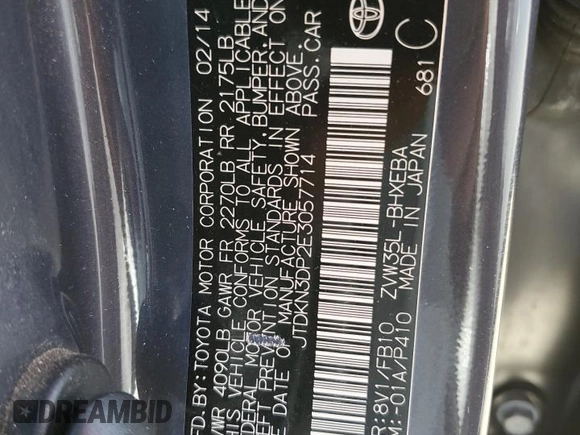 2014 Toyota Prius with VIN JTDKN3DP2E3057714, listed as a Copart auction lot 61210415 with 155,153 mi miles and Salvage title. Bid and sale history available at DreamBid. Image 12.