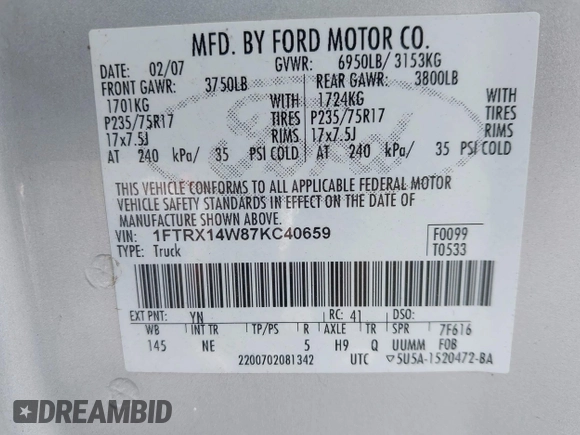 2007 Ford F-150 STX with VIN 1FTRX14W87KC40659, listed as a IAAI auction lot 41423345 with 145,811 mi miles. Bid and sale history available at carsss.com. Image 9.