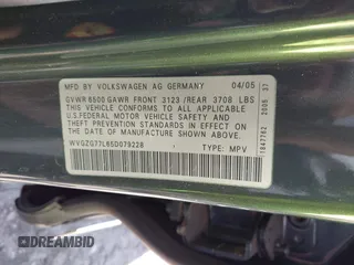 2005 Volkswagen Touareg 3.2L V6 with VIN WVGZG77L65D079228, listed as a IAAI auction lot 41832037 with Not Provided miles and . Bid and sale history available at DreamBid. Image 9.