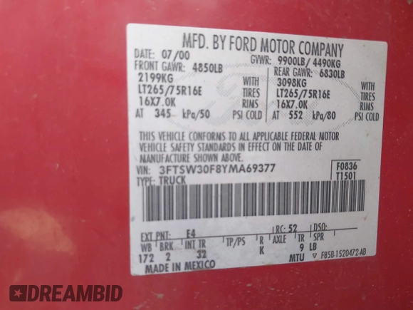 2000 Ford F-350 XL with VIN 3FTSW30F8YMA69377, listed as a IAAI auction lot 41273100 with 158,785 mi miles and . Bid and sale history available at DreamBid. Image 9.