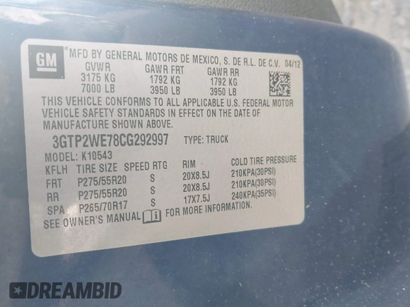 2012 GMC Sierra 1500 SLT with VIN 3GTP2WE78CG292997, listed as a IAAI auction lot 40967330 with 129,462 mi miles and . Bid and sale history available at DreamBid. Image 9.
