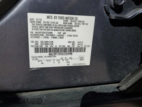 2018 Ford EcoSport SE with VIN MAJ3P1TE9JC233998, listed as a Copart auction lot 47965255 with 65,317 mi miles and Salvage Title. Bid and sale history available at DreamBid. Image 15.