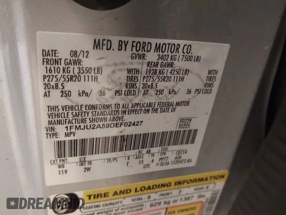 2013 Ford Expedition Limited with VIN 1FMJU2A59DEF02427, listed as a IAAI auction lot 42332345 with 165,314 mi miles and . Bid and sale history available at DreamBid. Image 9.