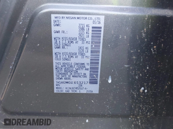 2016 Nissan Pathfinder SL with VIN 5N1AR2MM1GC653217, listed as a IAAI auction lot 42542707 with 131,613 mi miles and . Bid and sale history available at DreamBid. Image 9.