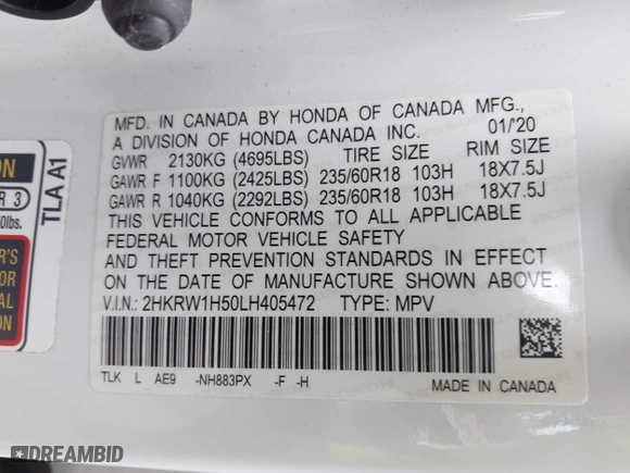 2020 Honda CR-V EX with VIN 2HKRW1H50LH405472, listed as a IAAI auction lot 41502184 with 53,102 mi miles. Bid and sale history available at carsss.com. Image 9.