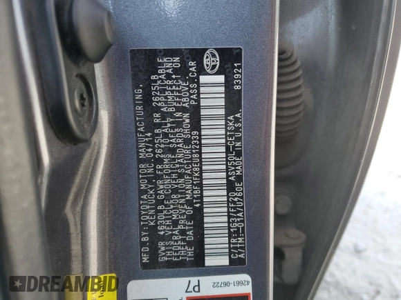 2014 Toyota Camry L with VIN 4T1BF1FK8EU812339, listed as a Copart auction lot 54868145 with 217,395 mi miles and Salvage Title. Bid and sale history available at DreamBid. Image 12.