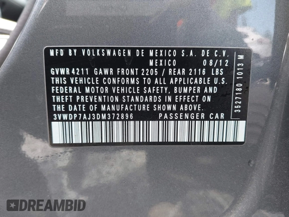 2013 Volkswagen Jetta SE with VIN 3VWDP7AJ3DM372896, listed as a IAAI auction lot 42520685 with 127,143 mi miles and . Bid and sale history available at DreamBid. Image 9.