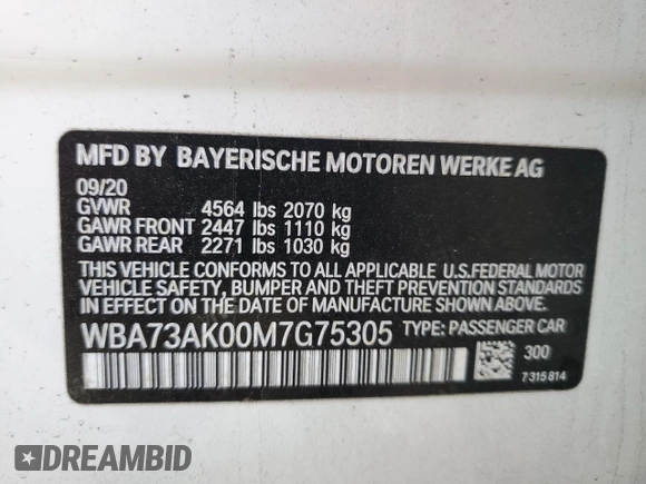 2021 BMW 2 Series 228i xDrive with VIN WBA73AK00M7G75305, listed as a Copart auction lot 43226895 with 38,598 mi miles and Salvage Title. Bid and sale history available at DreamBid. Image 15.