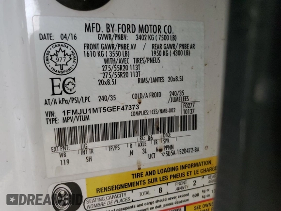 2016 Ford Expedition Platinum with VIN 1FMJU1MT5GEF47373, listed as a Copart auction lot 44409845 with 188,044 mi miles and Salvage title. Bid and sale history available at DreamBid. Image 13.