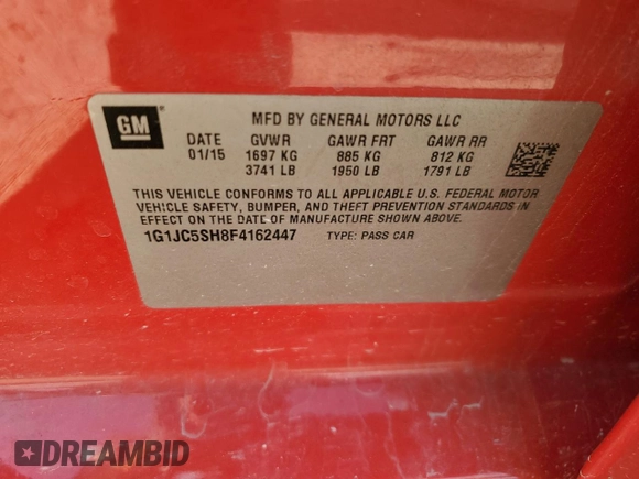 2015 Chevrolet Sonic LT with VIN 1G1JC5SH8F4162447, listed as a Copart auction lot 82182954 with 114,956 mi miles and Salvage Title. Bid and sale history available at DreamBid. Image 12.