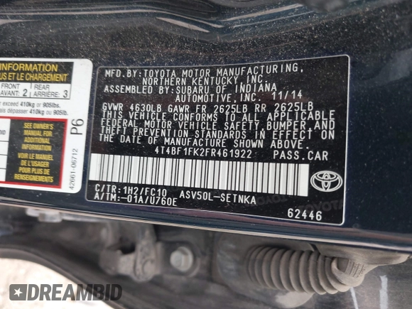 2015 Toyota Camry XLE with VIN 4T4BF1FK2FR461922, listed as a IAAI auction lot 41995064 with 195,943 mi miles. Bid and sale history available at carsss.com. Image 9.
