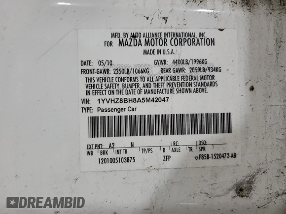 2010 Mazda 6 i Sport with VIN 1YVHZ8BH8A5M42047, listed as a Copart auction lot 51995225 with 187,217 mi miles and Salvage Title. Bid and sale history available at carsss.com. Image 15.