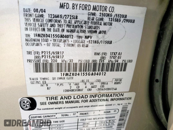 2005 Ford Freestyle SE с VIN 1FMZK04155GA04012, выставлен на аукционе Copart как лот 62201565 с пробегом 146 740 миль миль и Чистый • Clean title. История ставок и продаж доступна на DreamBid. Изображение 14.