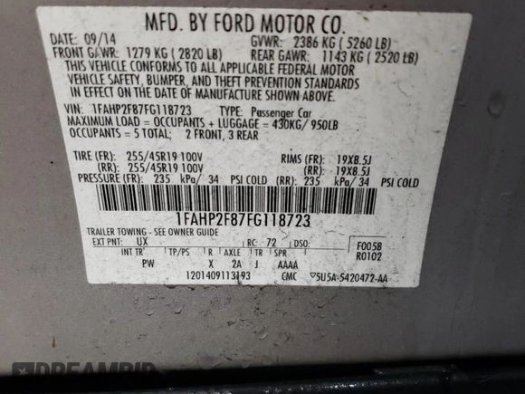 2015 Ford Taurus Limited with VIN 1FAHP2F87FG118723, listed as a Copart auction lot 85486104 with 156,853 mi miles and Salvage Title. Bid and sale history available at DreamBid. Image 12.