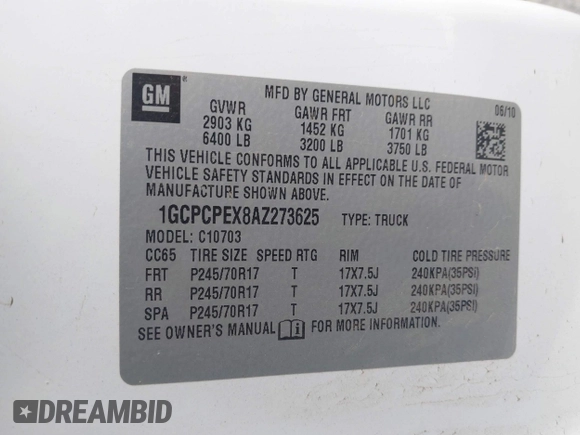 2010 Chevrolet Silverado 1500 Work Truck with VIN 1GCPCPEX8AZ273625, listed as a IAAI auction lot 42204763 with 161,061 mi miles and . Bid and sale history available at DreamBid. Image 9.