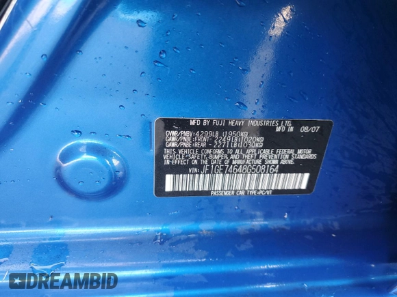 2008 Subaru Impreza WRX с VIN JF1GE74648G508164, выставлен на аукционе Copart как лот 44393455 с пробегом 181 991 миль миль и Списание • Salvage title. История ставок и продаж доступна на DreamBid. Изображение 13.