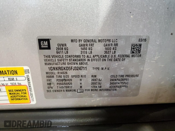2015 Chevrolet Traverse LT with VIN 1GNKRGKD5FJ324711, listed as a Copart auction lot 50052505 with 126,555 mi miles and Salvage Title. Bid and sale history available at carsss.com. Image 13.