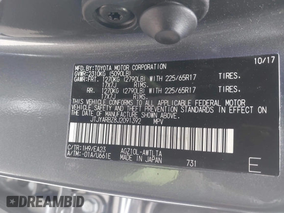2018 Lexus NX 300 with VIN JTJYARBZ8J2091392, listed as a IAAI auction lot 42185103 with 85,124 mi miles and . Bid and sale history available at DreamBid. Image 9.