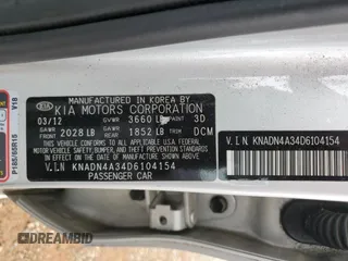 2013 Kia Rio EX with VIN KNADN4A34D6104154, listed as a Copart auction lot 60482575 with 125,976 mi miles and Salvage title. Bid and sale history available at DreamBid. Image 13.