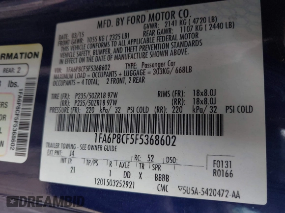 2015 Ford Mustang GT with VIN 1FA6P8CF5F5368602, listed as a IAAI auction lot 40959426 with 78,790 mi miles and . Bid and sale history available at carsss.com. Image 9.